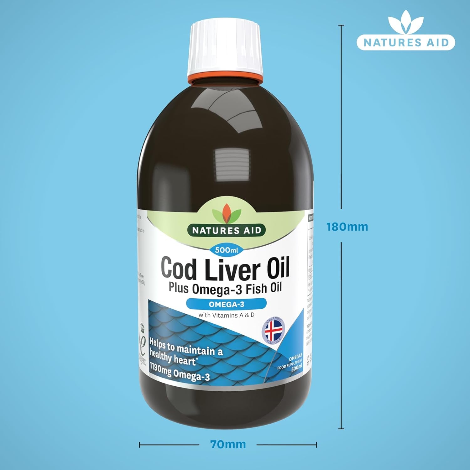 Natures Aid Cod Liver Oil Liquid 500Ml - High Strength Omega-3 Fish Oil with Vitamins a & D - Supports Immune System Heart Health Brain Function and Vision - Non-Gmo - Purity Guaranteed