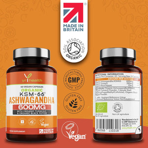 Organic Ashwagandha KSM-66 Capsules 5% Withanolides Added Organic Turmeric and Black Pepper, Certified by Soil Association, Vegan Registered Ashwagandha Powder Capsules, Made in the UK by Yrhealth