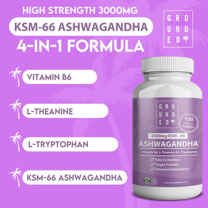 Grounded Ashwagandha KSM-66® High Strength 3,000Mg | 4-In-1 Formula | 120 Tablets / 2 Month Supply | L-Theanine, L-Tryptophan, Vitamin B6 & Black Pepper | Vegan-Friendly, UK Made