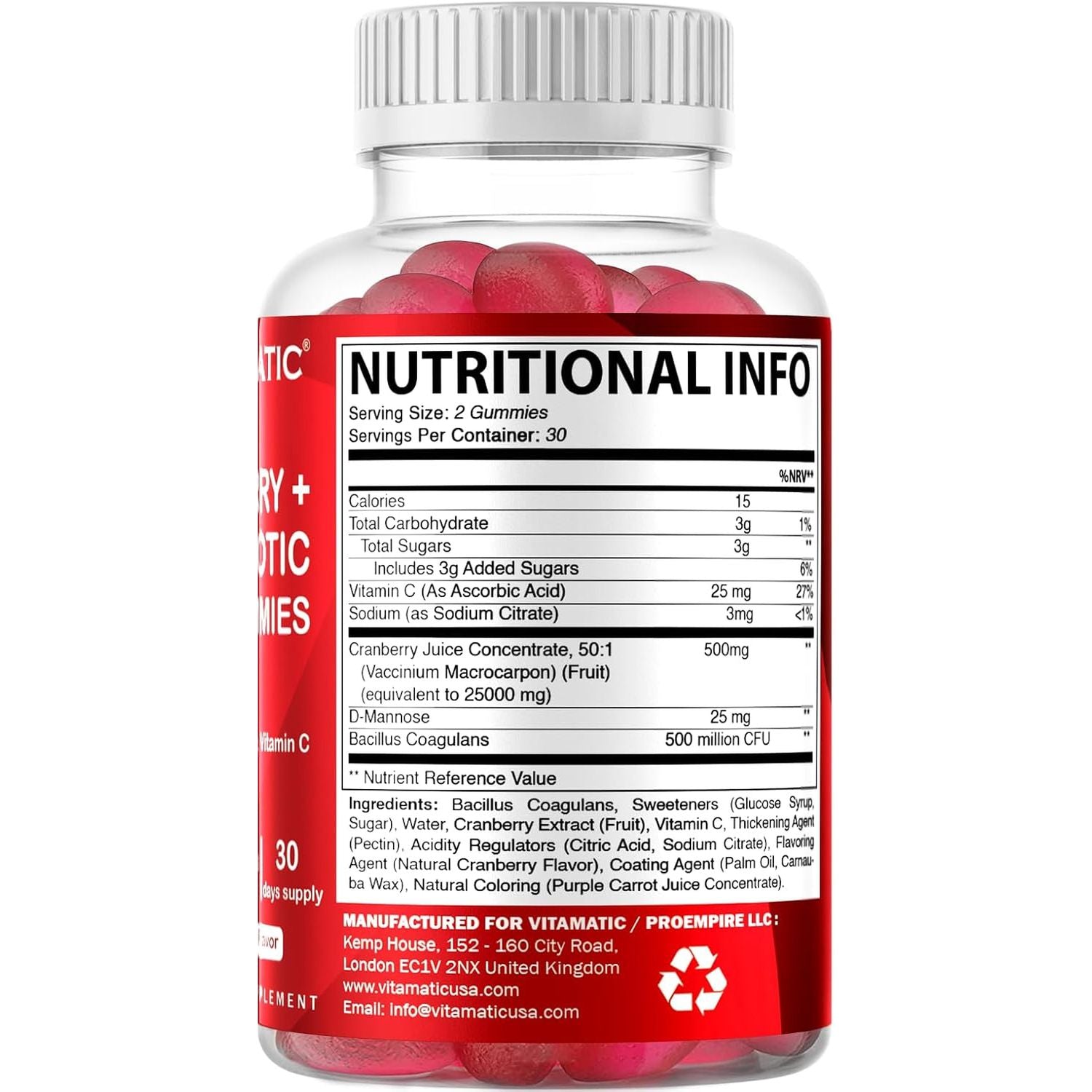 Vitamatic Vegan Cranberry Gummies with D-Mannose, Probiotic & Vitamin C for Women Urinary Tract Health - 25000 Mg Equivalent per Serving - 60 Count - (Non-Gmo, Gluten Free)