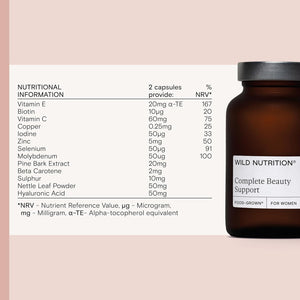 WILD NUTRITION Food-Grown® Complete Beauty Support | Hair Skin and Nails Vitamins for Women | Antioxidant & Collagen Formation Support | Hyaluronic Acid, Biotin, Zinc, Selenium & More | 60 Capsules