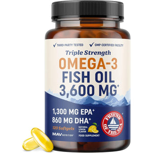 Triple Strength Omega 3 Fish Oil 3600 Mg | EPA & DHA | over 2100Mg Omega-3 Fatty Acids | 1300Mg EPA + 860Mg DHA | Best Essential Fatty Acids | Premium Wild Caught & Burpless Fish Oil | 120 Ct