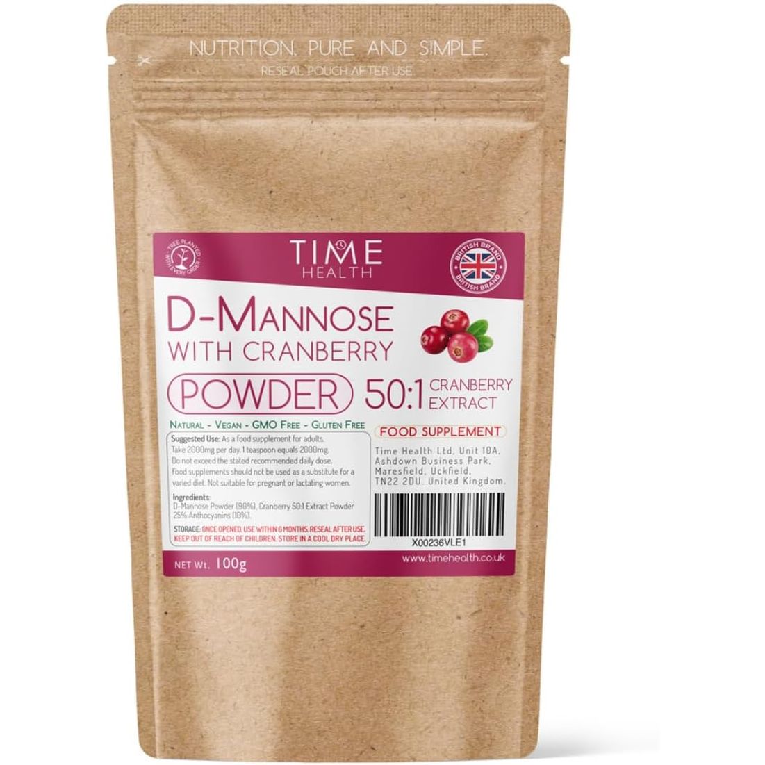 D Mannose & Cranberry Powder - Urinary Tract Cleanse & Bladder Care - Extra Strength 50:1 Cranberry Extract / 25% Anthocyanins - UK Made - GMP Standards - Vegan (100G Powder)