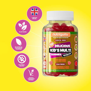 Kids Multi Vitality Sugar Free Gummy | Multivitamin for Bones, Teeth, Immunity, Energy & Cognitive Function | Strawberry Flavour | 60 Vegan Gummies | Suitable for Kids Age 5+ by NUTRIGUMS®