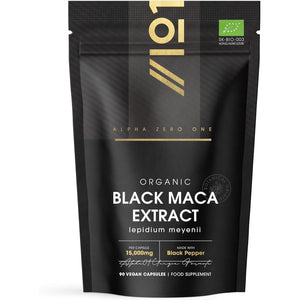 Organic Black Maca Root 15,000Mg with Black Pepper – Peruvian Black Maca Supplement for Men - 90 Vegan Capsules (3 Months Supply) – Resealable and Recyclable Pouch by Alpha01