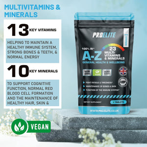 Multivitamins & Minerals - 365 Vegan Tablets - One a Day 100% RDA - 23 Essential Vitamins & Minerals in A-Z Multivitamin Tablet - Made in the UK by PROELITE