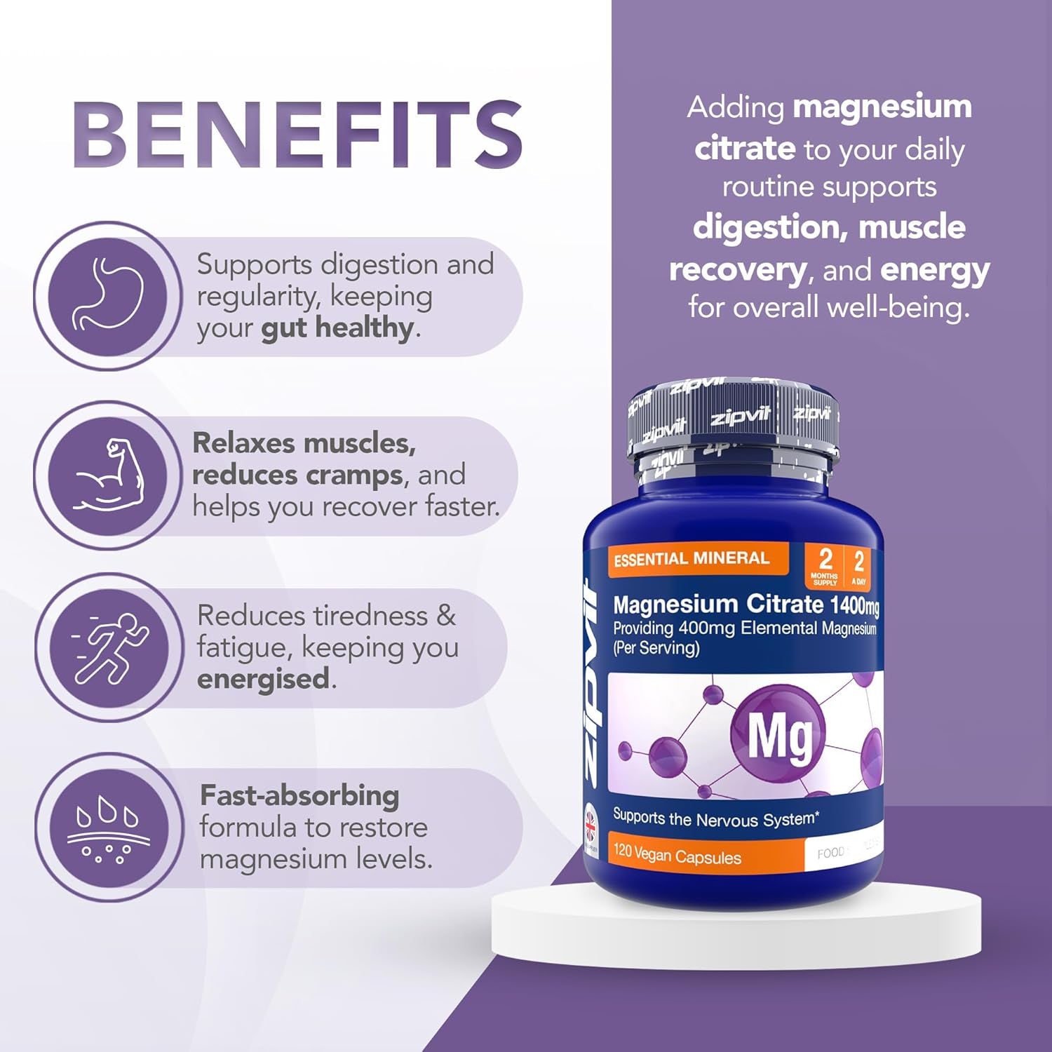Zipvit Magnesium Citrate 1400Mg, Provides 400Mg Elemental Magnesium, Highly Absorbable for Bone, Muscle & Energy Support. 120 Vegan Capsules, 2 a Day, 2 Months Supply.
