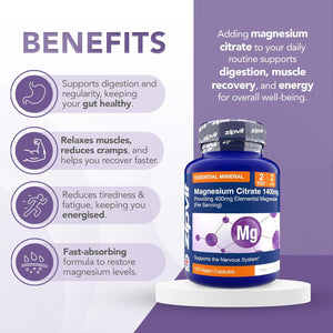 Zipvit Magnesium Citrate 1400Mg, Provides 400Mg Elemental Magnesium, Highly Absorbable for Bone, Muscle & Energy Support. 120 Vegan Capsules, 2 a Day, 2 Months Supply.
