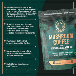Mushroom Coffee with Lion'S Mane & KSM-66 Ashwagandha | Advanced Mushroom Powder Blend with Cordyceps, Shiitake, Lion'S Mane, Reishi, Chaga and Vitamin B12 | 100G - 40 Servings | Wiseshrooms