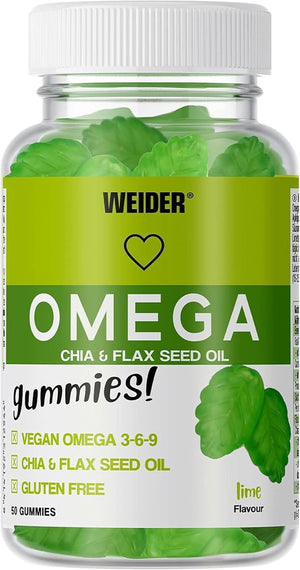 Weider Omega Gummies (50 Gums) Lime Flavour, with Vegan Omega 3-6-9 from Chia and Lax Seed Oil, Gluten Free, No Added Sugar