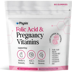 Physis Folic Acid & Pregnancy Vitamins | Prenatal Vitamins for Women | 60 Vegan Melt-In-Your-Mouth Mixed Berry Gummies | with Folic Acid, Vitamin D3, B12, Zinc, Iodine | Uk-Made Pregnancy Supplements