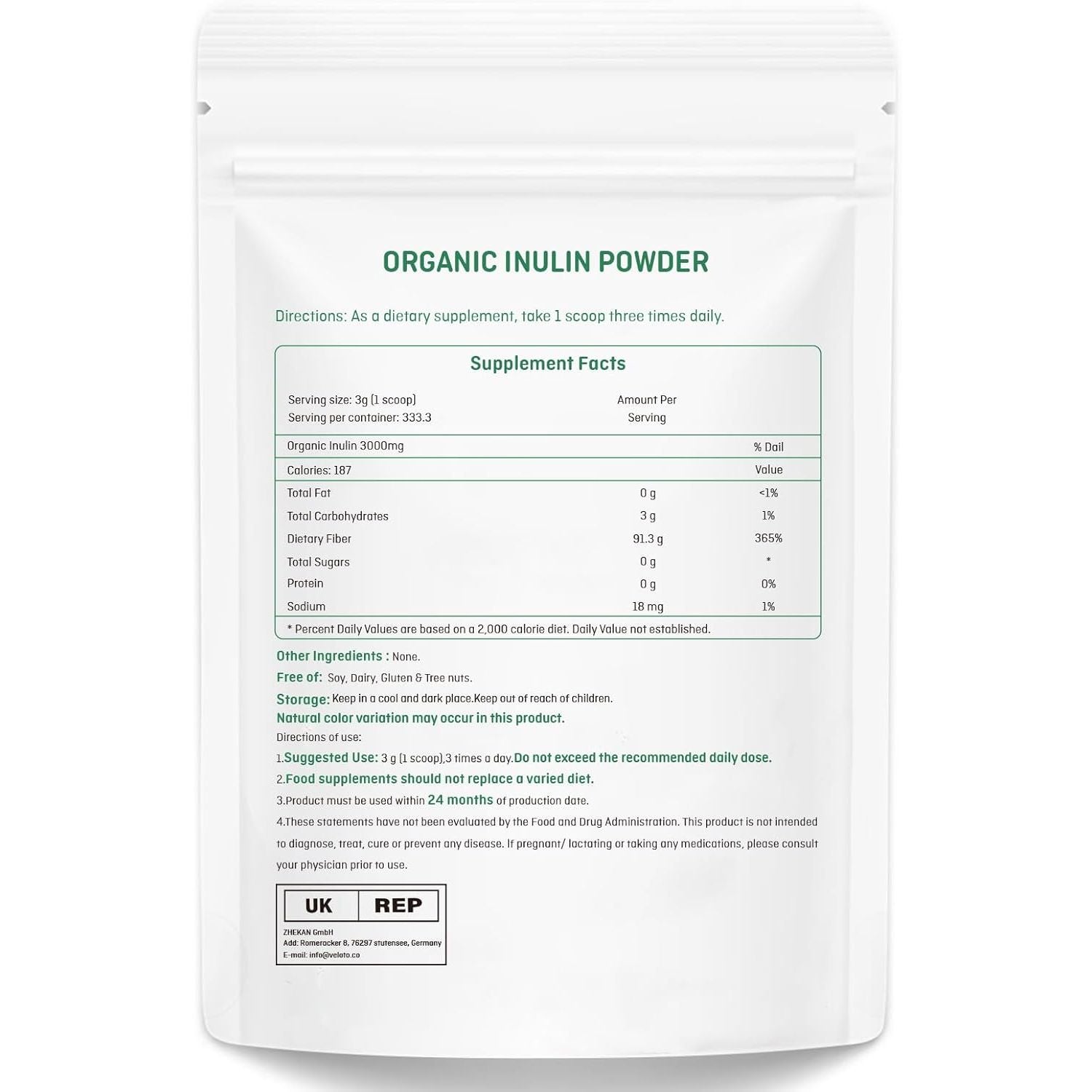 Organic Inulin Powder, Soluble FOS Inulin, Fiber Prebiotic Intestinal Support, Enhances Calcium Absorption, Vegan Friendly, Non GMO, Natural Fibers for Smoothie & Drinks, 2.2 Lbs/1 Kg