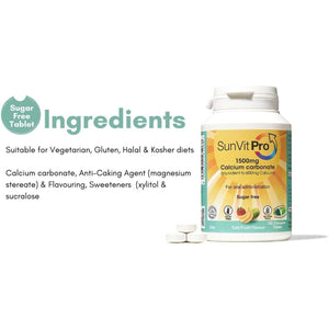 Sunvit-Pro Calcium Carbonate Tablets 600Mg Tutti Frutti Flavor - Calcium Supplements for Women & Men Supports Heart, Bones, Joint & Digestive Health - Gluten Free 100 Chewable Tablets