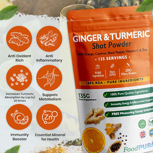 Foodpura 135G Ginger & Turmeric Shot Drink Powder 135 Servings with Orange Cayenne Black Pepper Vitamin C & Zinc 100% RDA Natural Supplement No Added Sugar Immunity Energy & Inflammation Support