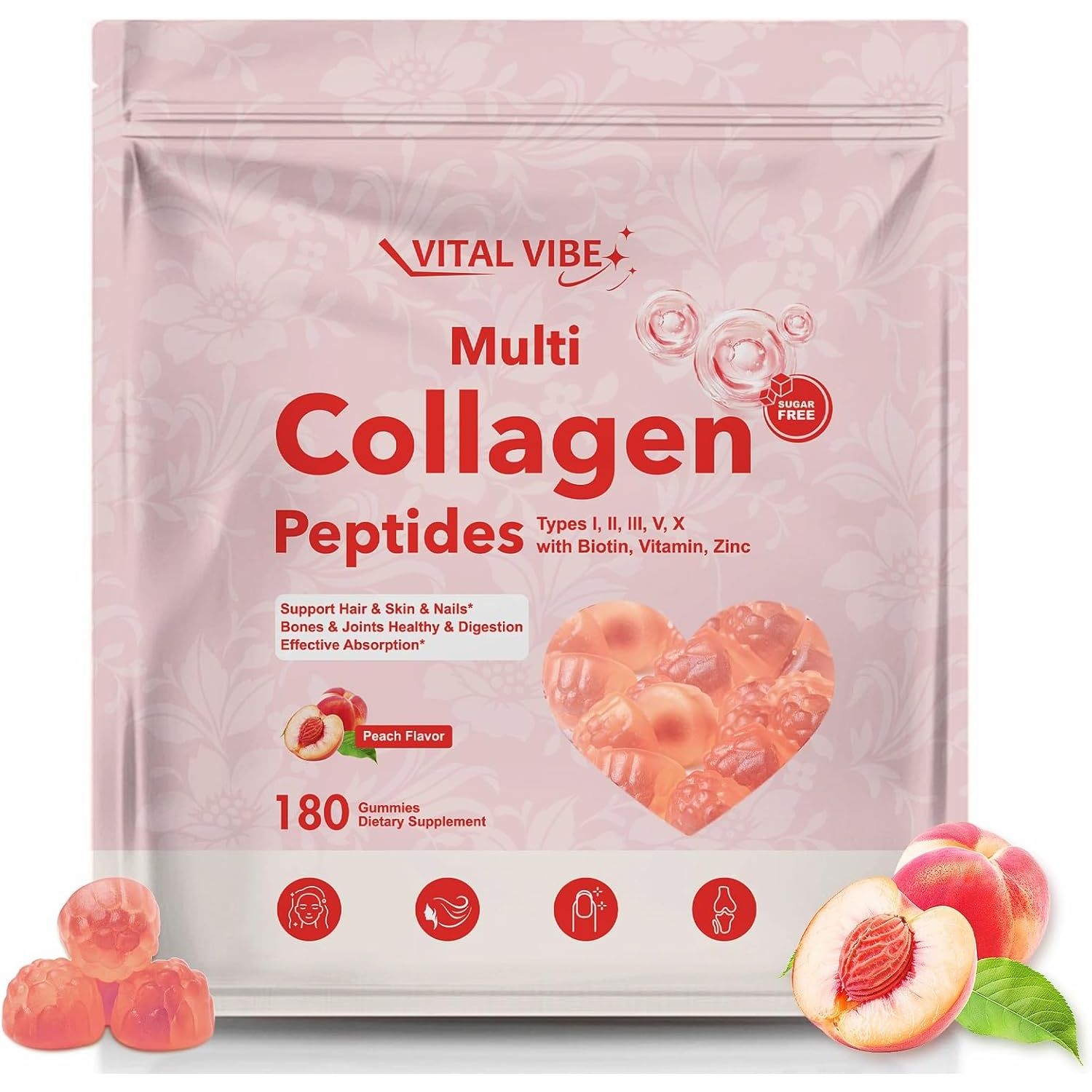 180 Marine Collagen Gummies 1500Mg, Hydrolyzed Collagen Peptides for Women & Men, Type I, II, & III, Biotin, Hyaluronic Acid & Vitamin C, Advanced Skin Support & Hair Growth, 2 Month Supply