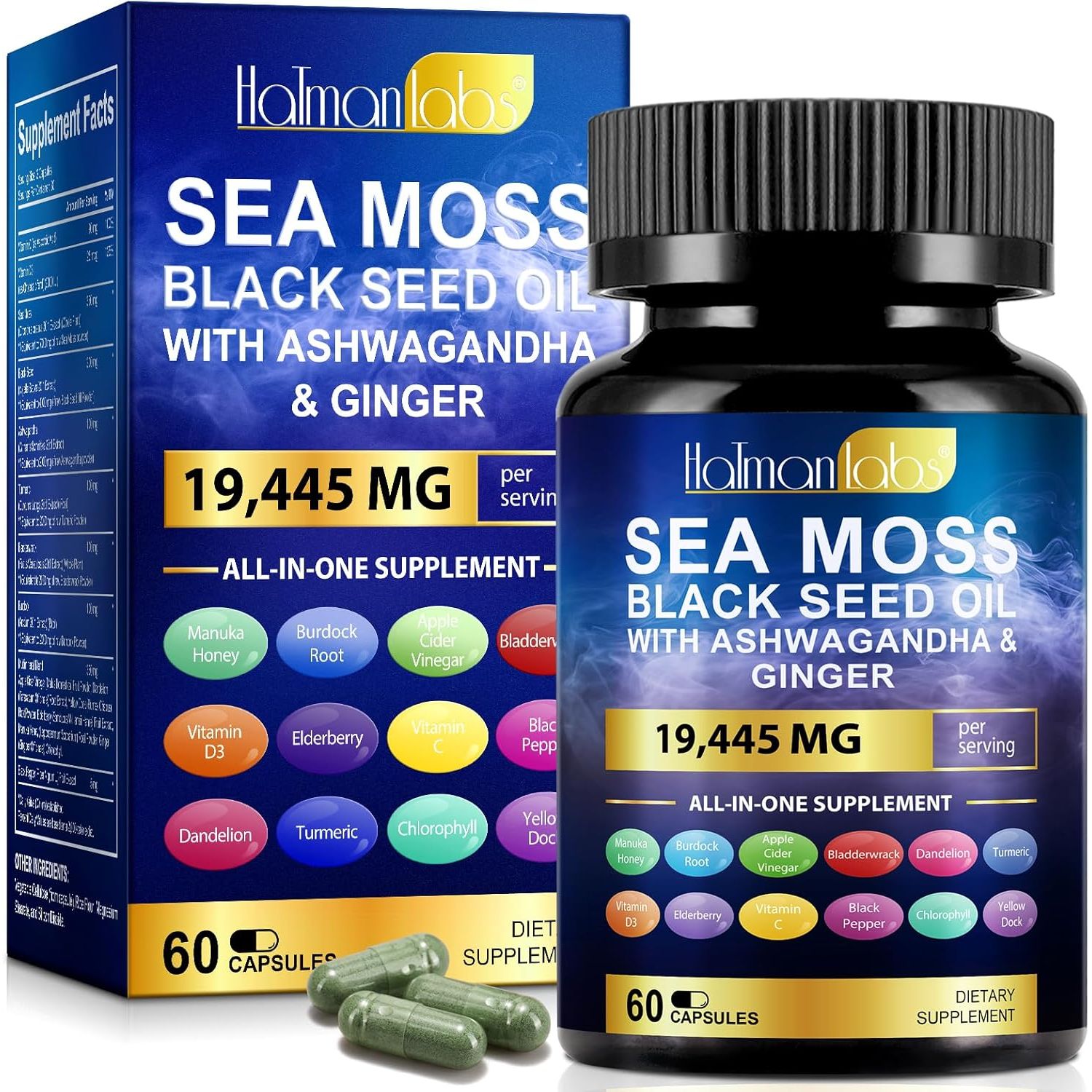 Sea Moss Complex-19,445Mg Sea Moss Capsules with Black Seed Oil& Ashwagandha, Ginger- 60 High Strength Capsules Providing 30 Day Supply- Vegan&Halal