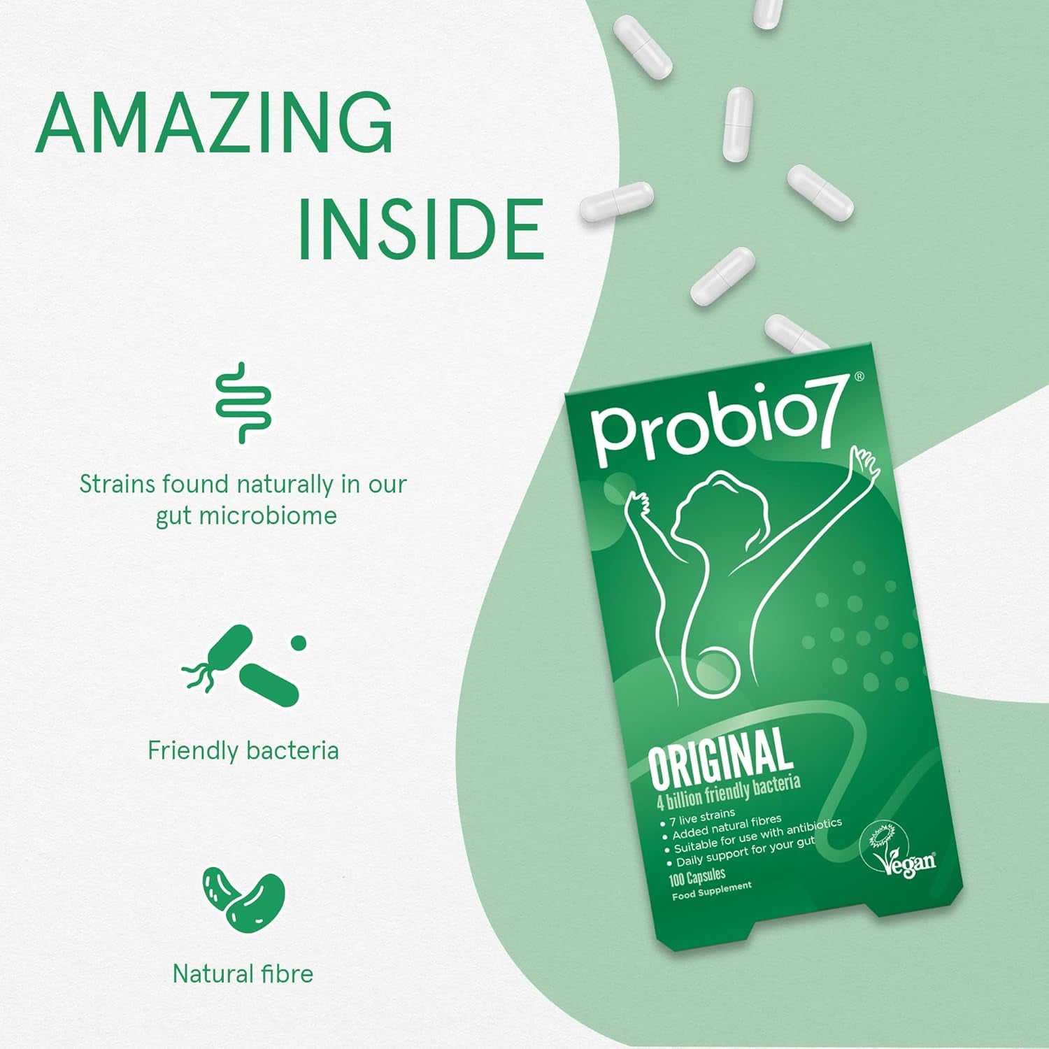 Probio7 Original | Vegan Approved | with 4 Billion CFU, 7 Live Bacterial Strains + 2 Types of Natural Fibre | Digestive Health Supplements, Probiotics for Gut Health, 100 Capsules