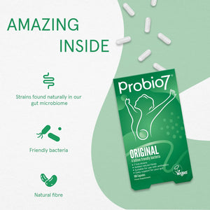 Probio7 Original | Vegan Approved | with 4 Billion CFU, 7 Live Bacterial Strains + 2 Types of Natural Fibre | Digestive Health Supplements, Probiotics for Gut Health, 100 Capsules