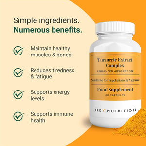 Hey Nutrition Turmeric Extract Complex - Vitamin D3 & C, Black Pepper Extract - Support Muscle & Joint Relief - Maximum Potency & Enhanced Absorption - UK Manufactured - 60 Vegan Capsules