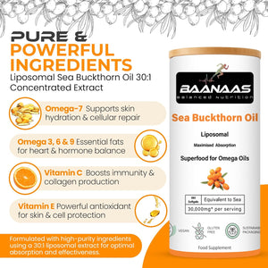 LIPOSOMAL Sea Buckthorn Oil Capsules 30,000Mg | 180 Count | High Strength Vegan Supplement | Source of Omega 7 Essential Fatty Acids | No Artificial Preservatives | by Baanaas