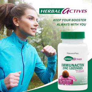 Naturesplus Herbal Actives Immune Zinc Lozenges, Cherry Flavour - Chewable Zinc and Vitamin C Tablets with Olive Leaf, Elderberry and Vitamin D3 - Vegan, Gluten Free - 60 Chewables