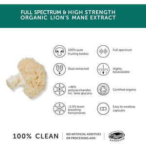 Organic Lions Mane | High Strength 9200 Mg | 20:1 Dual Extract | Full Spectrum | 100% Fruiting Bodies | Guaranteed 40% Polysaccharides & 30% Beta-Glucans | Guaranteed Hericenones | Additive Free