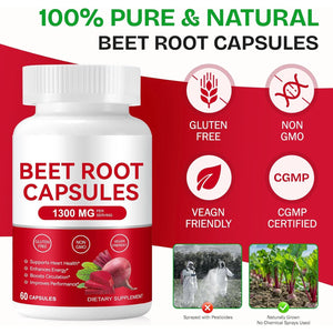 Beetroot Capsules 1300Mg - High Strength Beetroot Supplement 60 Vegan Capsules - Nitric Oxide
