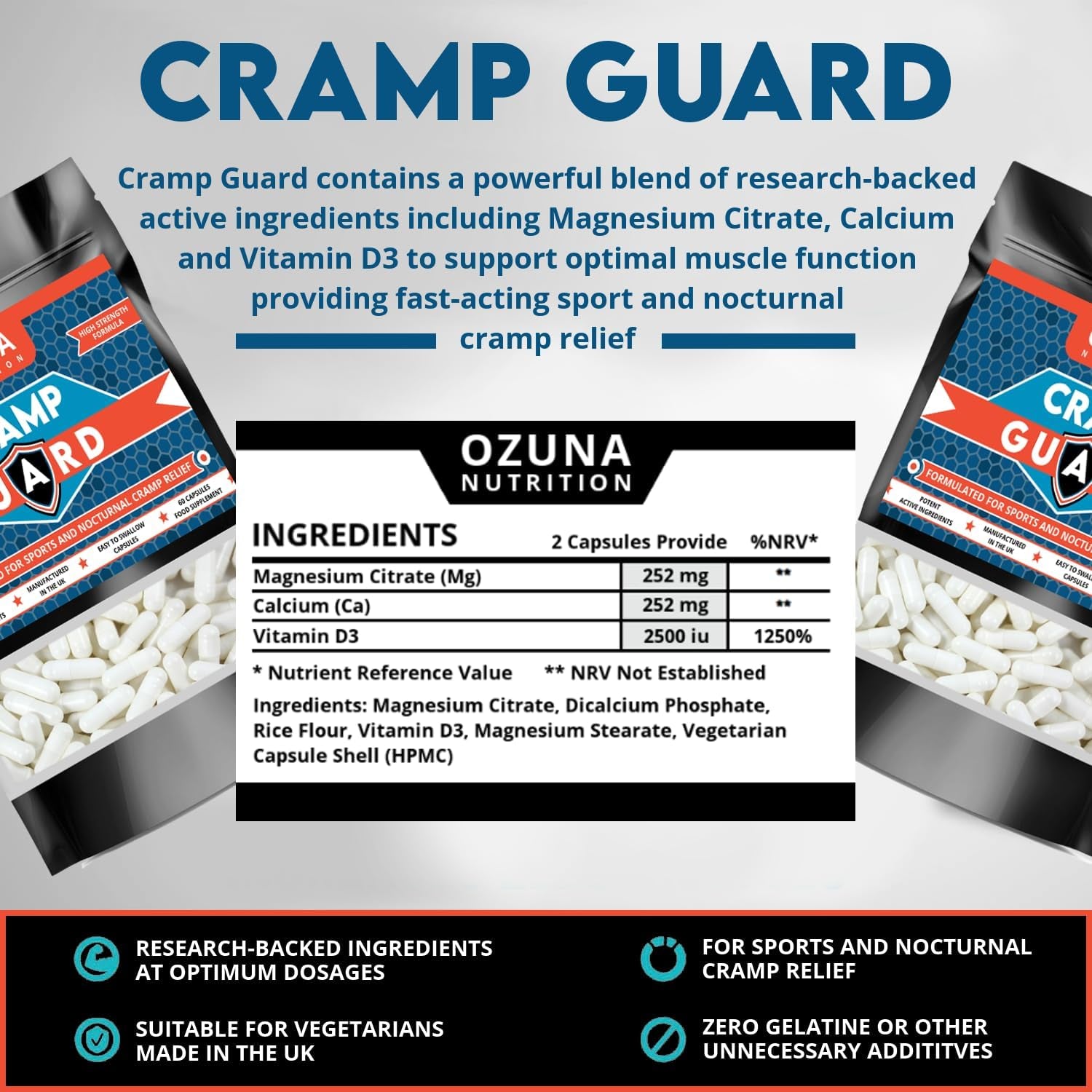 Cramp Guard Magnesium Supplement | Sports & Nocturnal Cramp Relief | Highly Bioavailable Magnesium Citrate, Vitamin D3 & Calcium | Muscle, Leg Cramps & Restless Leg Syndrome (RLS) Relief, 60 Capsules