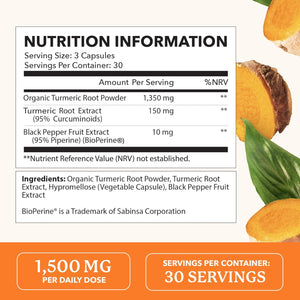 Turmeric and Black Pepper Capsules | High Strength 1500 Mg Turmeric Curcumin Supplements | with Black Pepper for Ultra Absorption | Non-Gmo, Vegan, Gluten-Free | 90 Capsules, 30 Day Supply