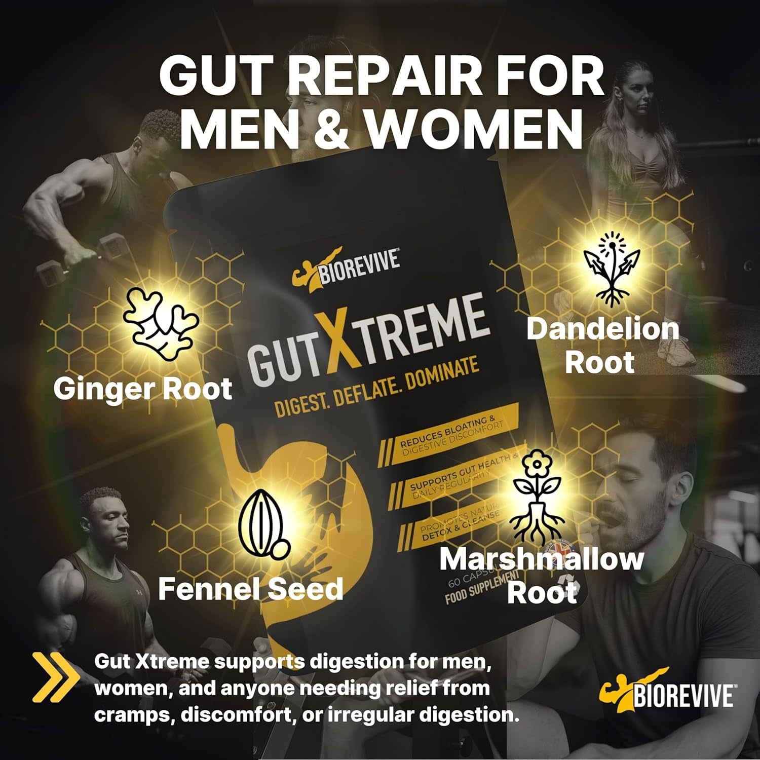 Biorevive Gut Xtreme – Advanced Gut Repair for Men & Women – Bloating Relief, Digestion Support & Gut Cleanse with Ginger, Dandelion, Fennel & Marshmallow – Reduces Water Retention & Soothes Gut Linin