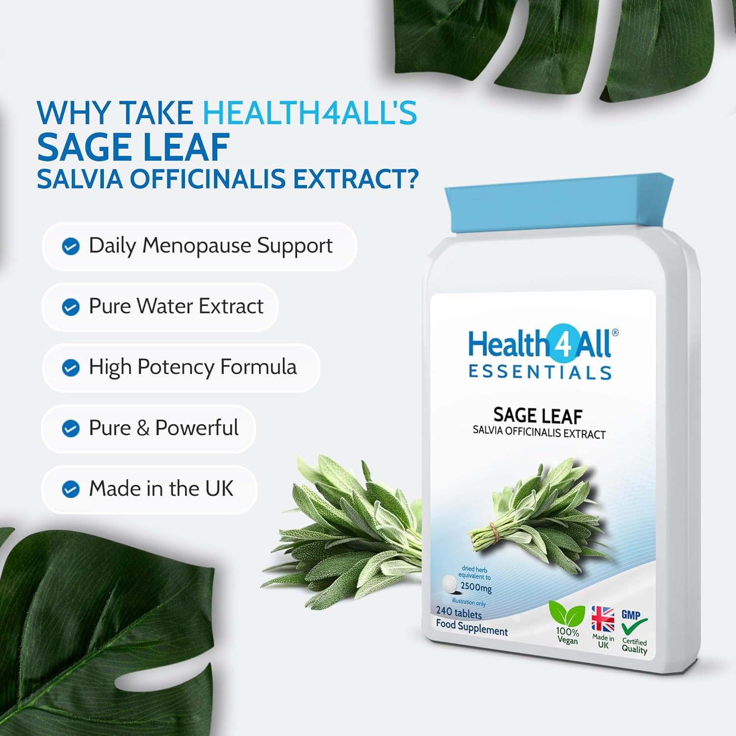 Health4All Sage Leaf 2500Mg 240 Tablets 8 Months Supply, Essential Sage Water Extract for Menopause Support, High Strength Menopause Supplement One-A-Day Tablets (Not Capsules) | Made in UK