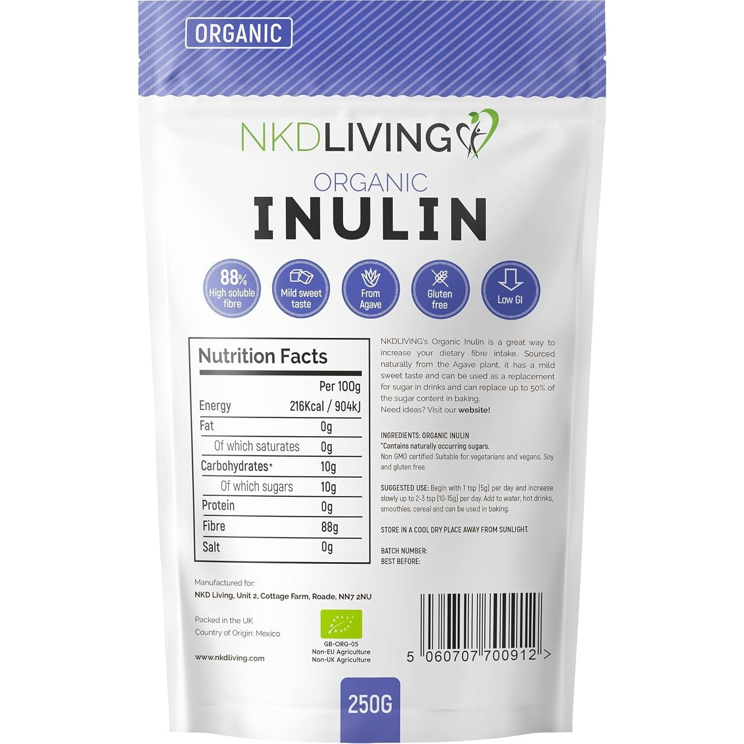 NKD Living Organic Inulin High Grade Prebiotic Fibre Powder (250G) - Fibre Prebiotic Supplement