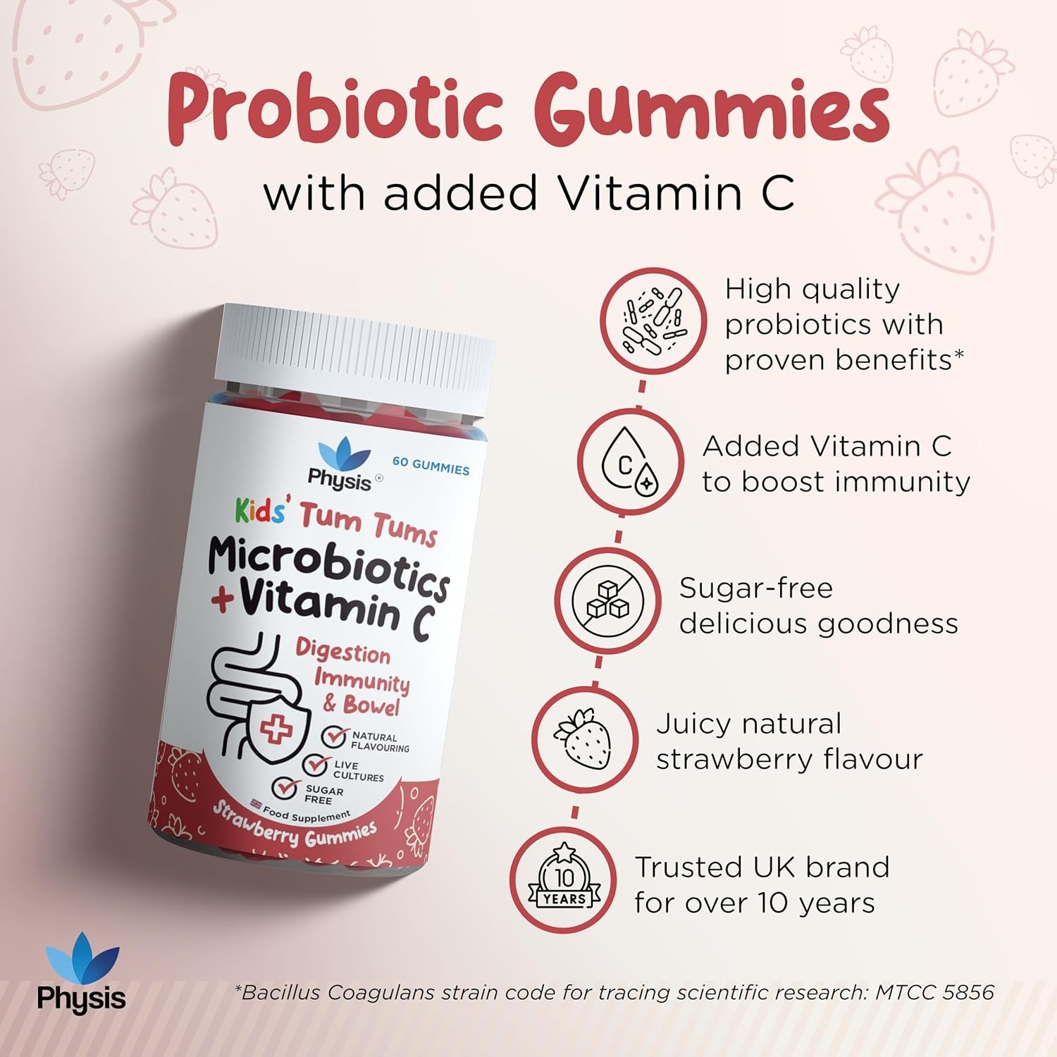 Physis Kids Probiotics Gummies with Vitamin C | 60 Gummies | Probiotics for Children | Chewable Kids Vitamins | Childrens Gut Health | Ages 2+