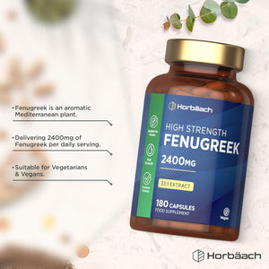 Fenugreek Capsules 2400Mg | Fenugreek Seed Extract | 180 Vegan Powder Capsules | High Strength | by Horbaach