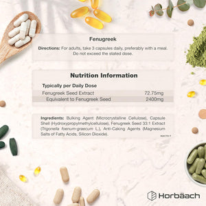 Fenugreek Capsules 2400Mg | Fenugreek Seed Extract | 180 Vegan Powder Capsules | High Strength | by Horbaach