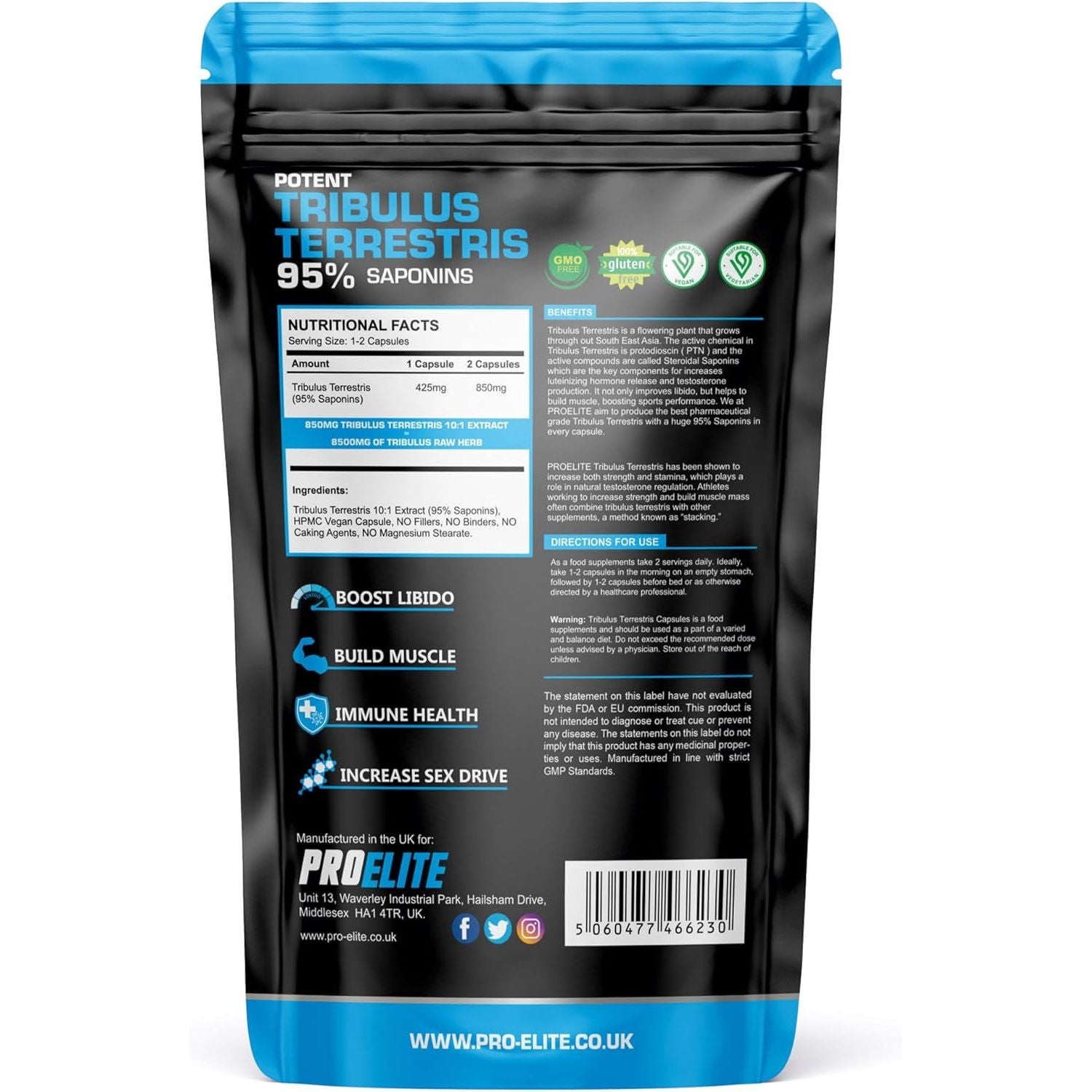 Tribulus Terrestris Extract 8500Mg 180 Vegan Capsules 95% Saponins - Test Booster Pills Increase Testosterone for Muscle Growth, Strength Tribulus Terrestris Tablets Powder Alternative by PROELITE