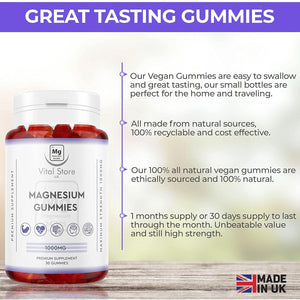 Magnesium Gummies 1000MG - Vegan 1 Month Supply - Berry Flavour - High Strength Magnesium Gummies - Magnesium Supplements, 30 Count (Pack of 1)