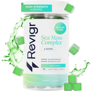 Revigr, Max 6000Mg, 90 Sea Moss Gummies, Added 500Mg Bladderwrack & 300Mg Burdock Root, Immune & Gut Support, Vegan & Sugar-Free, Green Apple Flavour (1 Month Supply)