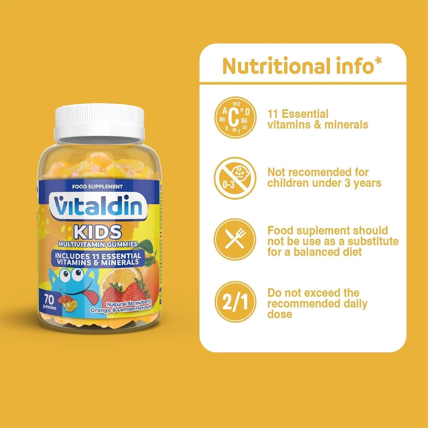 VITALDIN Kids Multivitamin Gummies – Food Supplement for Children with 11 Essential Vitamins & Minerals – 70 Chewable Gummies (1-Month Supply); Fruit Flavour – Vitality & Immune System – Gluten Free