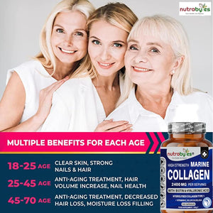 High Strength Marine Collagen 2400Mg with Hyaluronic Acid 100Mg, Biotin, Vitamin C, D3, B12 and Silica - 120 Capsules - High Strength Hydrolysed Marine Collagen for Men and Women, Made in UK