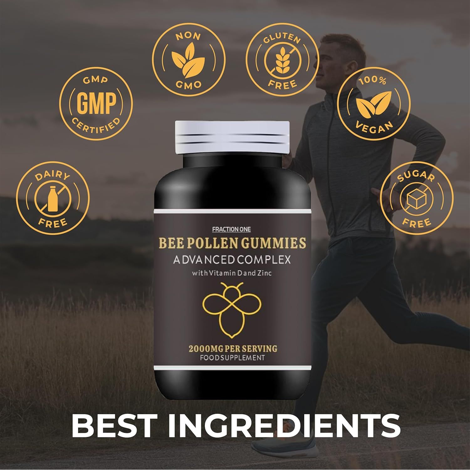 Fraction One Bee Pollen Gummies – 120 Gummies - 2000 Mg Bee Propolis with 100% NRV Vitamin D and Zinc per Serving – Vegan, Immune Boost, Anti-Inflammatory, Antiviral and Antibacterial –120 Days Supply