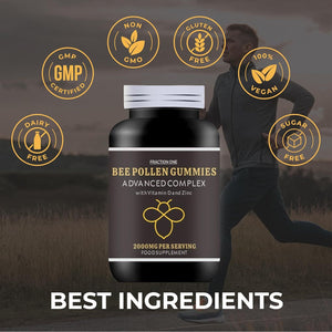 Fraction One Bee Pollen Gummies – 120 Gummies - 2000 Mg Bee Propolis with 100% NRV Vitamin D and Zinc per Serving – Vegan, Immune Boost, Anti-Inflammatory, Antiviral and Antibacterial –120 Days Supply
