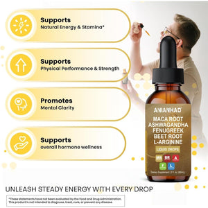 Maca Root Liquid Drops with with Ashwagandha, Fenugreek, Beet Root and L-Arginine - High Strength 60Ml Vegan for Energy Support for Women & Men - Support Mood, Energy & Fitness