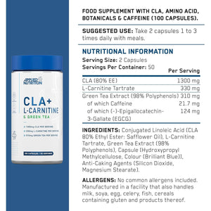 Applied Nutrition CLA + L-Carnitine & Green Tea - Fat Burner for Weight Loss, Energy & Metabolism Support (100 Capsules / 50 Servings)