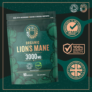 Organic Lions Mane Supplement 3000Mg | High Strength Mushroom Supplement | from Fruit Body | 90 Vegan Capsules | by Wiseshrooms