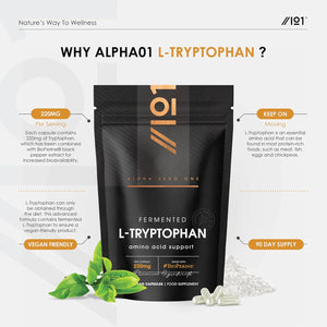 L-Tryptophan 220Mg with Bioperine® - 90 Vegan Capsules – Naturally Fermented L-Tryptophan Supplement with Black Pepper Extract for Increased Bioavailability - 3 Months Supply - by Alpha01