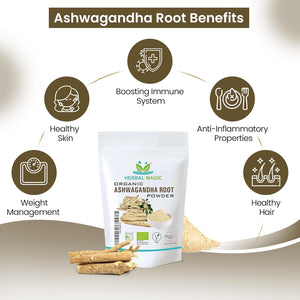 Herbal Magic'S Organic Ashwagandha Root Powder - Rich Flavoured Smoothies, Shakes, Juices, Baking, Soups - Free from Fillers & Preservatives - Of&G UK Organic Certified - 100G