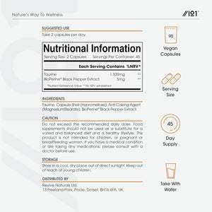 L-Taurine 1500Mg with Bioperine® - 90 Vegan Capsules - Potent Amino Acid Supplement - 45 Day Supply - by Alpha01