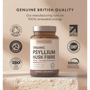 London Herbs Organic Psyllium Husk Capsules 1200Mg | High Strength Psyllium Husk Fibre Supplement | 120 Vegan Capsules | Daily Soluble Fibre Supplement