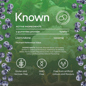 Known Delicious Lion'S Mane Gummies - 1000Mg Lion'S Mane Mushroom - Natural Blueberry Flavour - 60 Vegan Gummies, 1 Month Supply